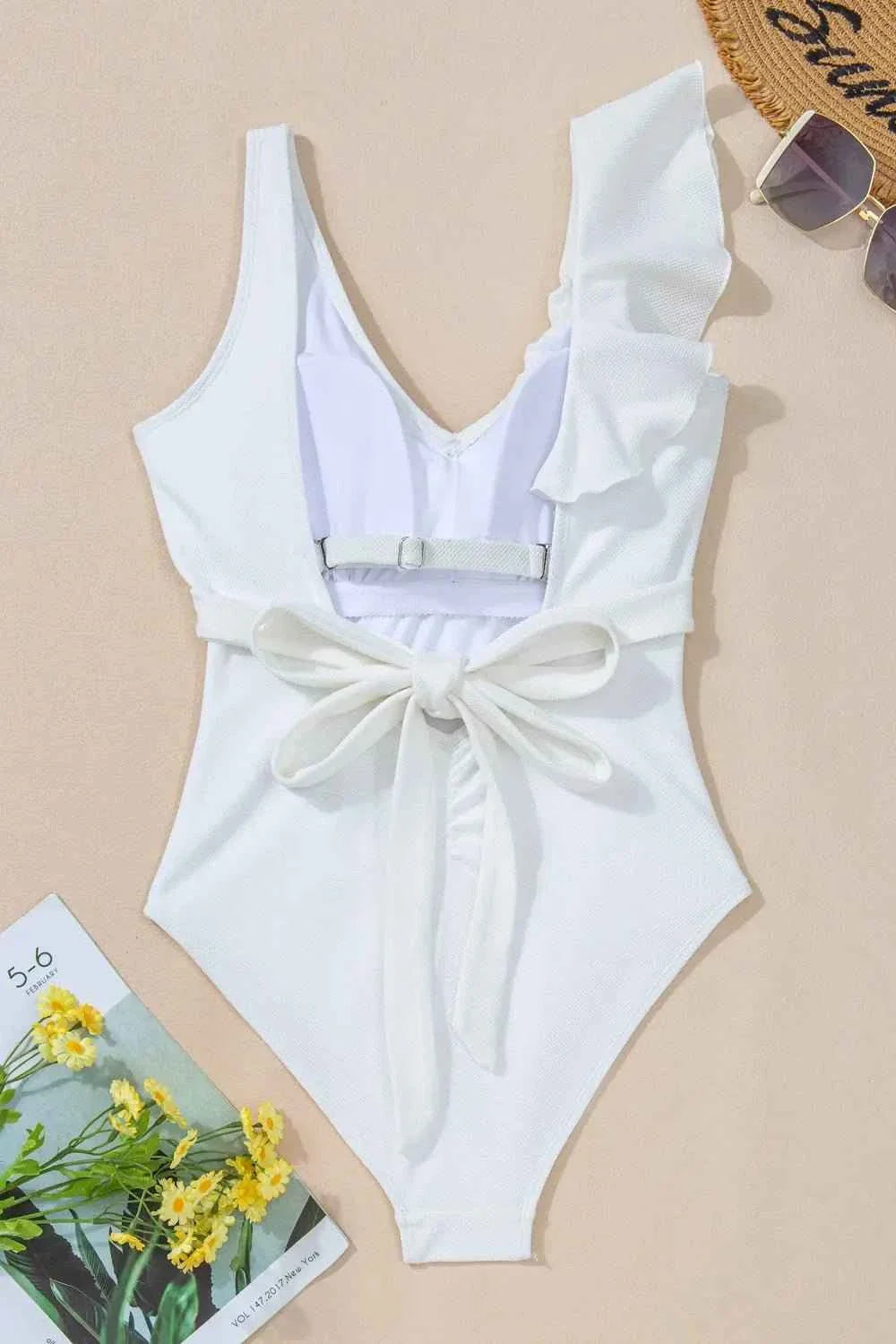 Ruffled V-Neck Wide Strap : One-Piece Swimwear
