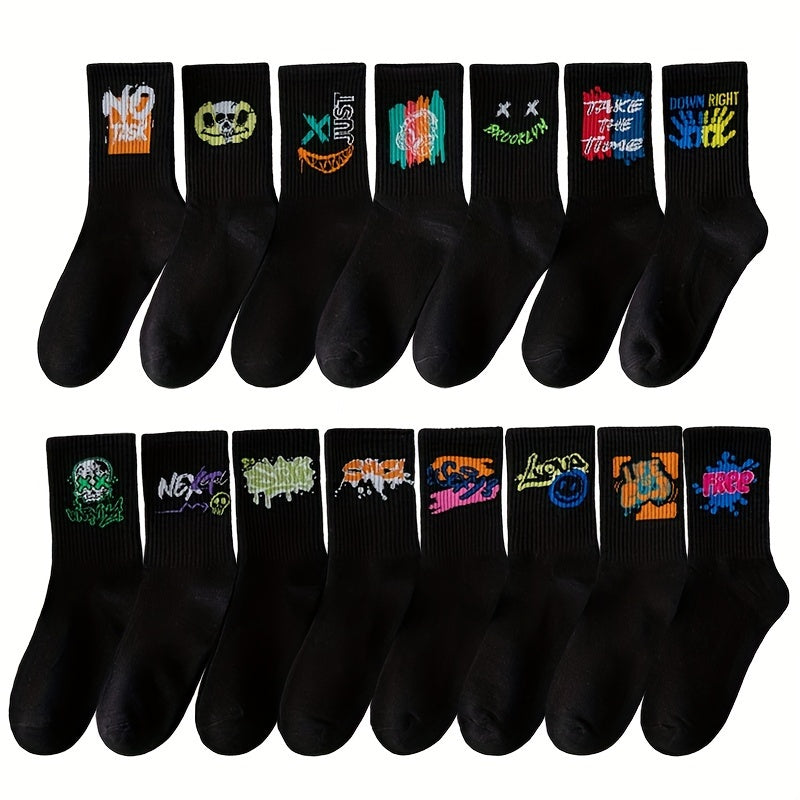3/6/8/10/12 Pairs Of Medium Length Socks With Graffiti And Spray Painting For Personalized Fashion, Comfort, And Durability