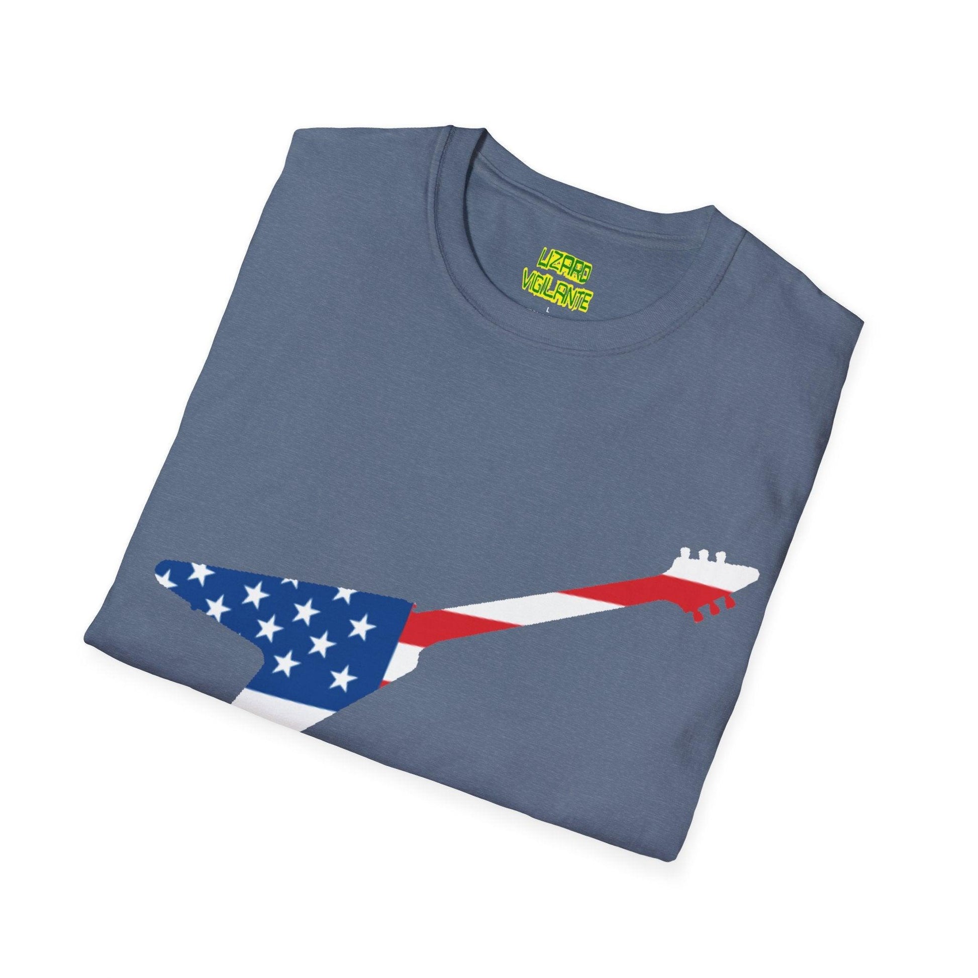 American Flag Colored Flying V Electric Guitar Unisex Softstyle T-Shirt - Lizard Vigilante