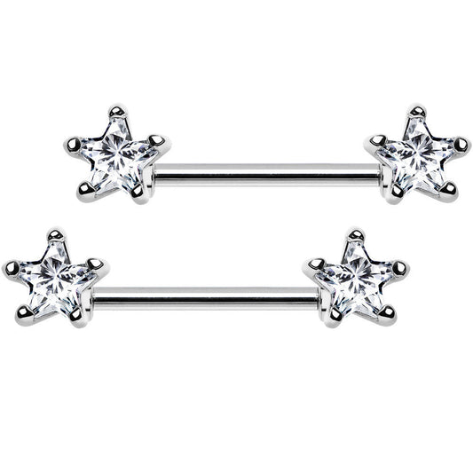 14G 9/16 Clear CZ Gem Star Barbell Nipple Ring Set