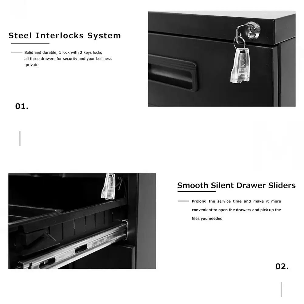 3-Drawer Mobile File Cabinet with Keys, 15.4