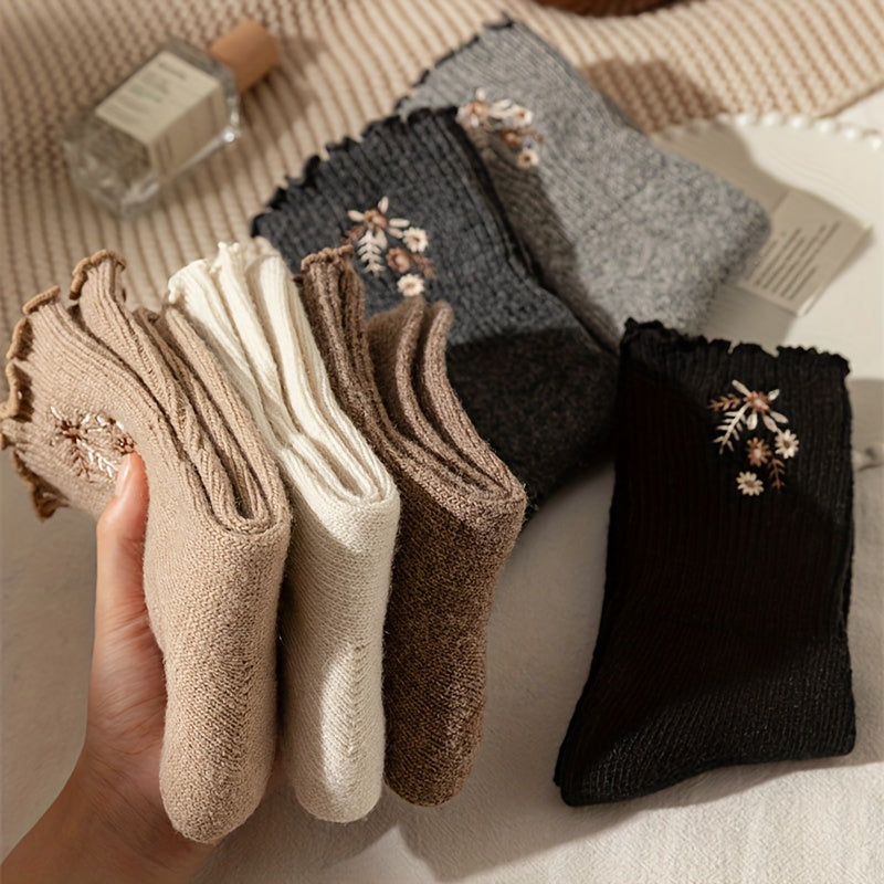 6 Pairs Floral Embroidery Socks, Comfy & Soft Lettuce Trim Socks, Women's Stockings & Hosiery