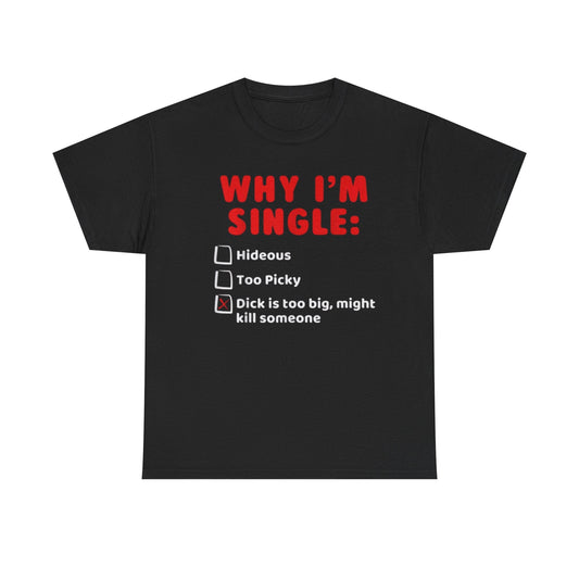 Why I’m Single Funny Shirt – “Dick Is Too Big Might Kill Someone” Adult Humor Graphic Tee