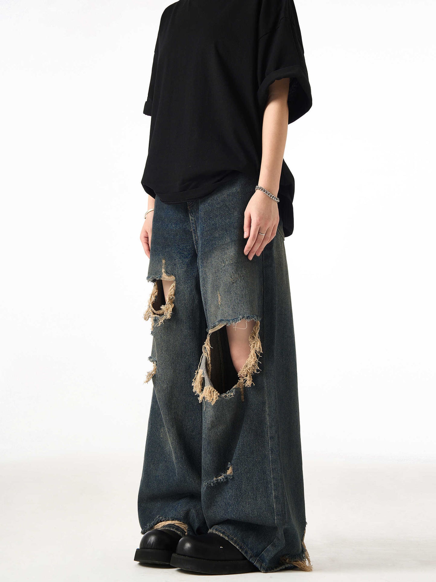 Couple Hole Worn Jeans Wide-leg Pants
