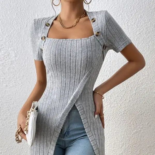 Ladies' Versatile Solid Color Elegant Style Square Neck Button Detail Wrapped Edge Slit Long T-shirt Top