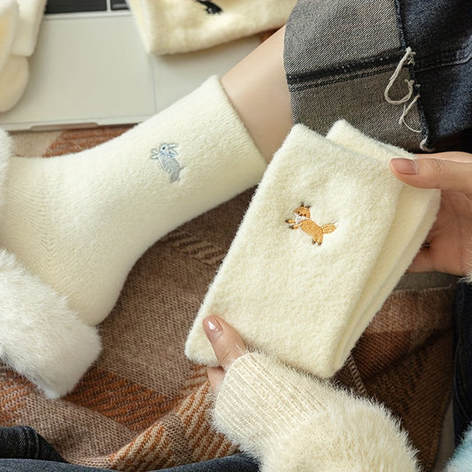 4pcs Cozy Fleece-Lined Women's Socks - Cute Animal Embroidery, Thick & Warm Mid-Calf Winter Home Socks