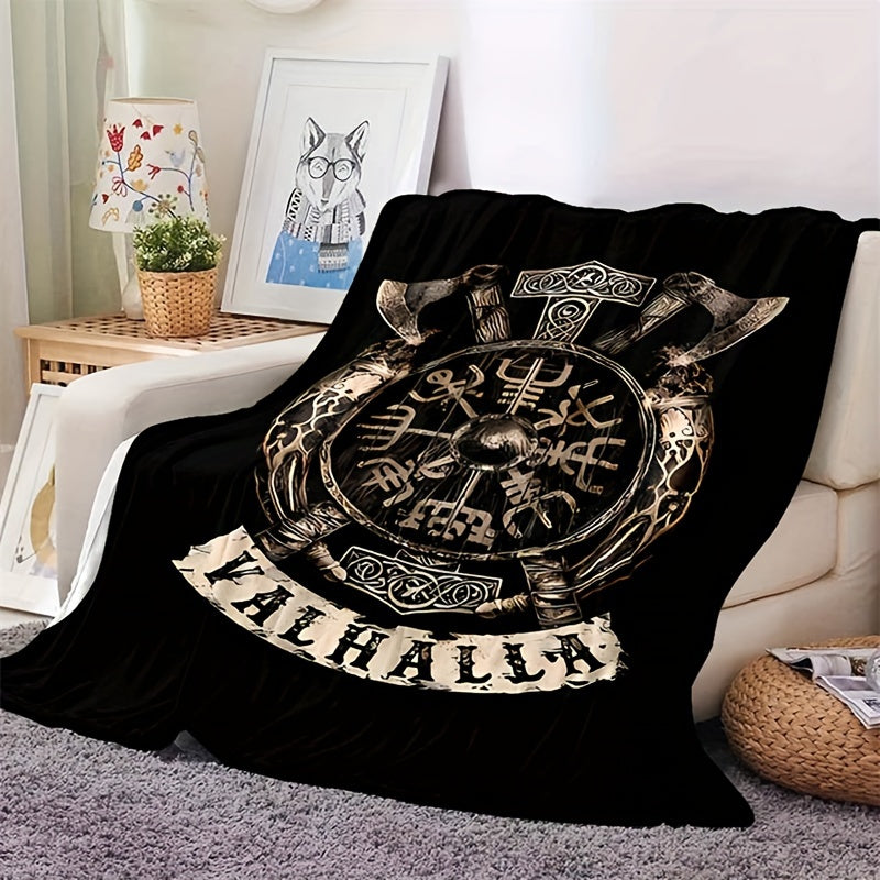1pc Flanged Blanket, Retro Viking Logo Printing Blanket, Comfortable And Comfortable Blanket, For Camping Sofa Bed And Couch Office, Suitable For Gift Blankets In All Seasons