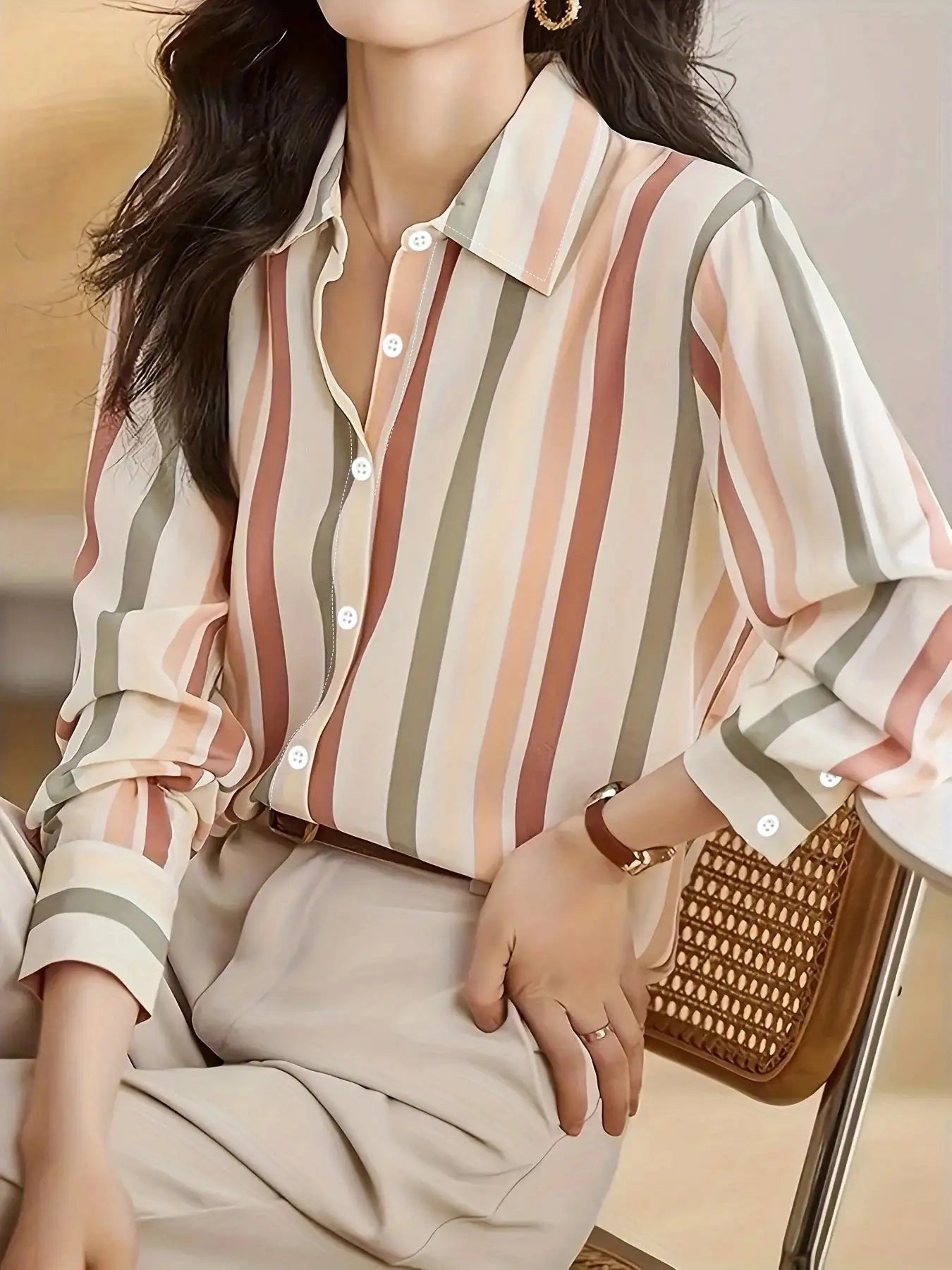 Ladies' Long-sleeved Striped Printed Versatile Casual Shirt