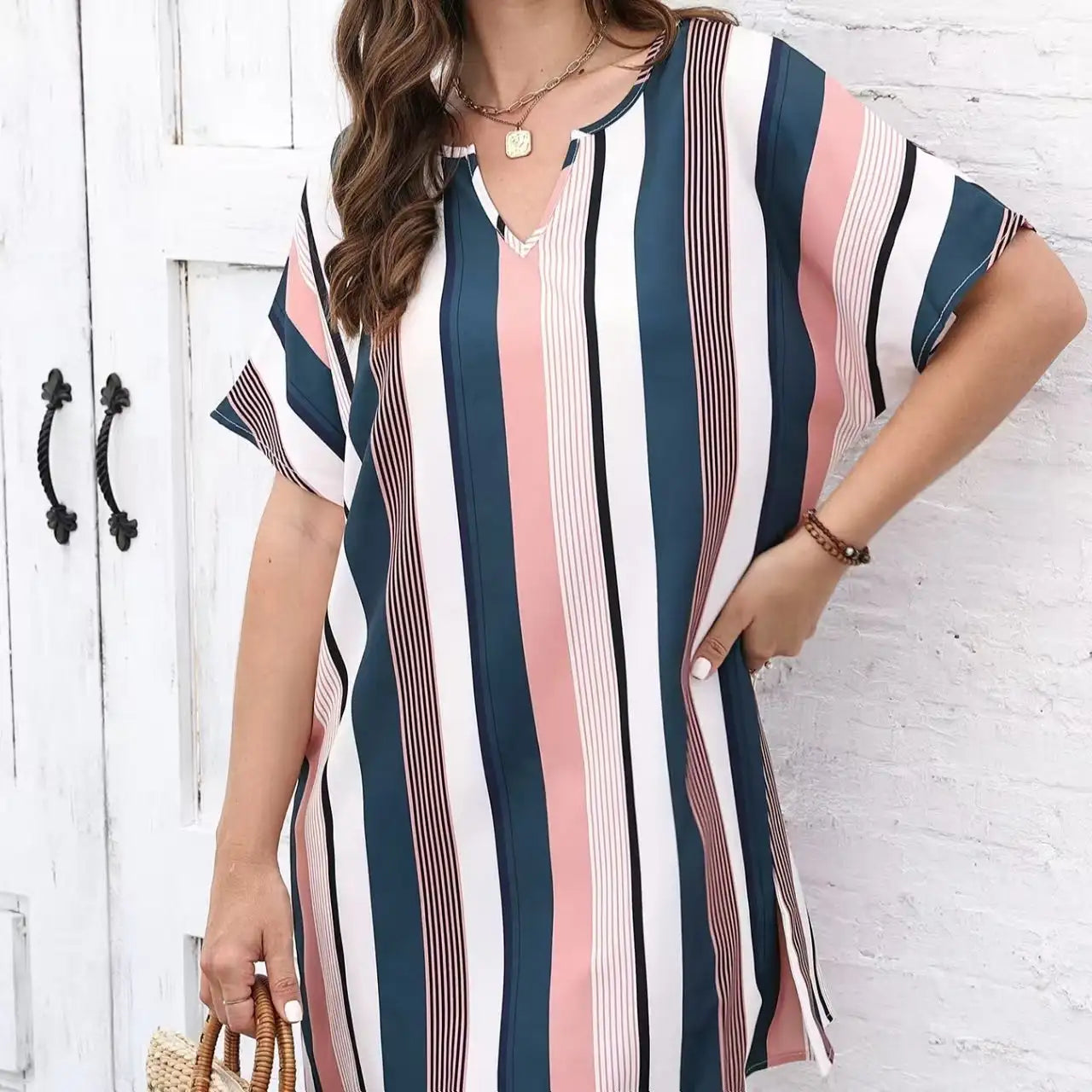 Ladies' Contrasting Striped Print Notch V-neck Short Casual Loose Dress