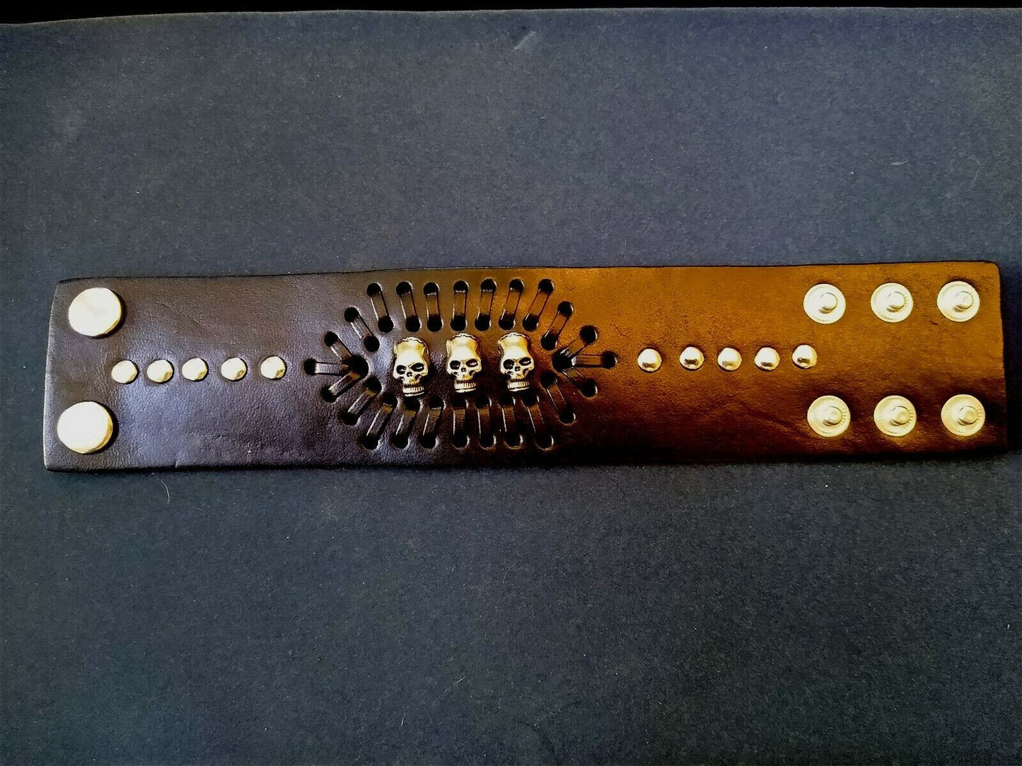 Black Leather 2 Inch Wide Cuff Bracelet with Skulls Be a Rockstar! ~Adjustable~