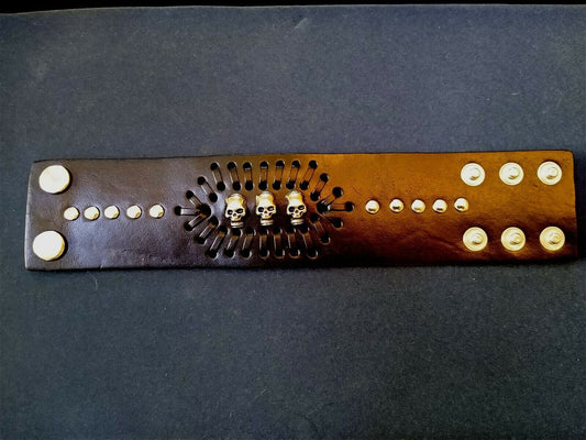 Black Leather 2 Inch Wide Cuff Bracelet with Skulls Be a Rockstar! ~Adjustable~