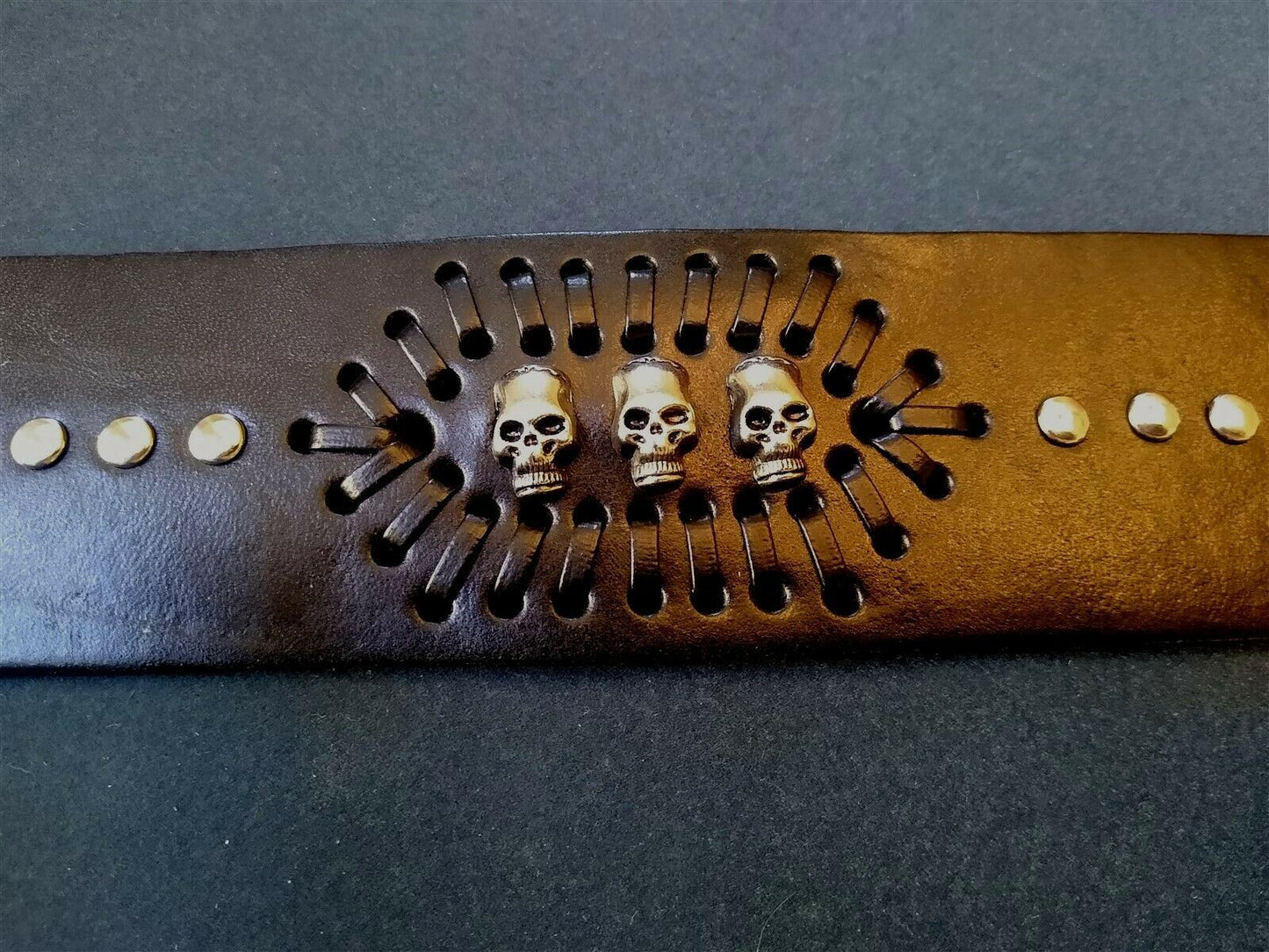 Black Leather 2 Inch Wide Cuff Bracelet with Skulls Be a Rockstar! ~Adjustable~