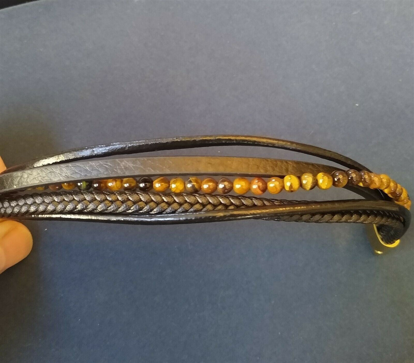 5 String Leather Bracelet with Tiger Eye Beads & Magnetic Clasp
