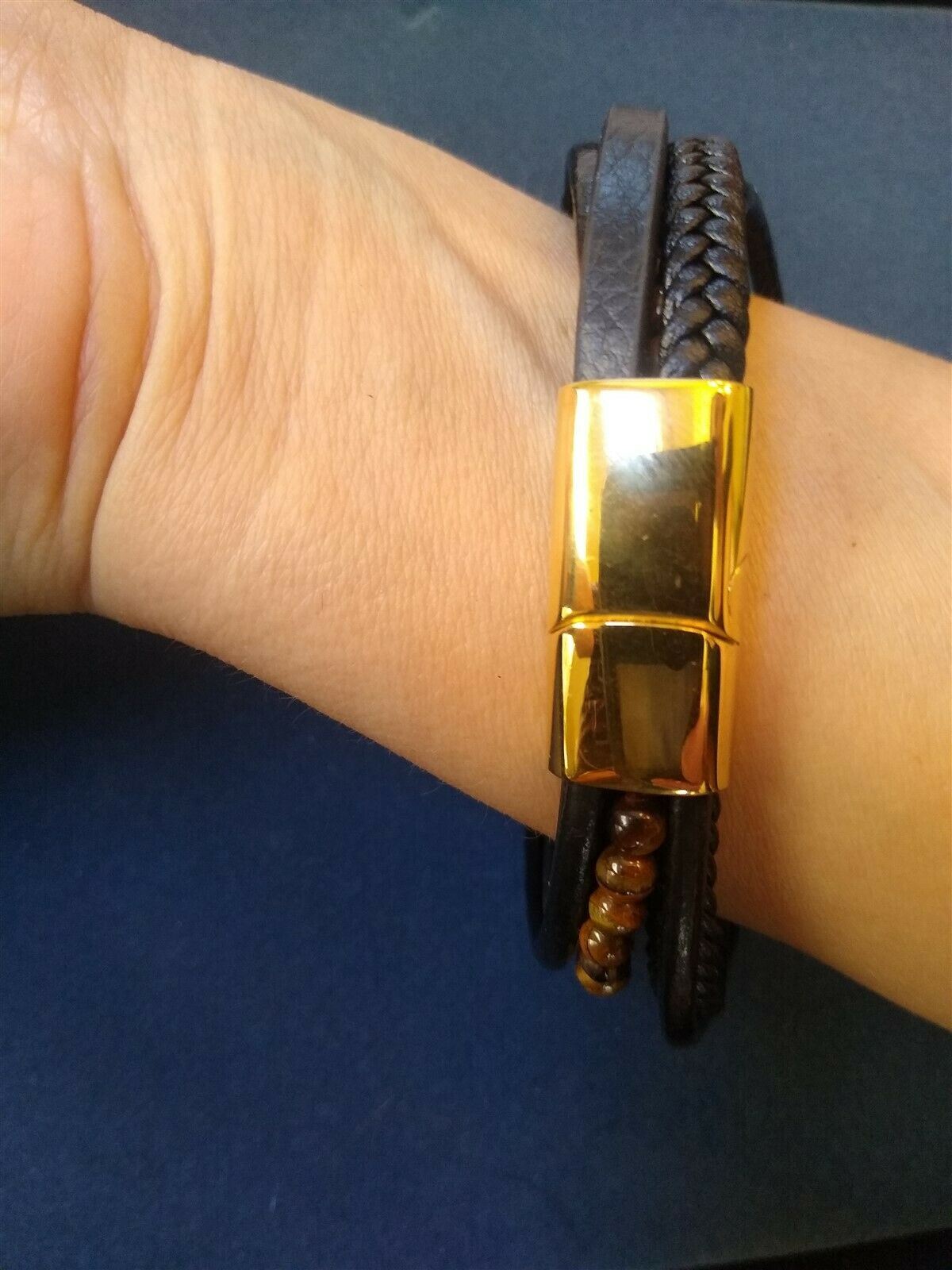 5 String Leather Bracelet with Tiger Eye Beads & Magnetic Clasp