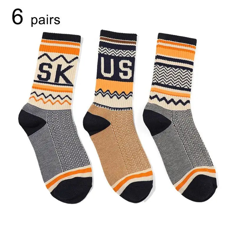 Six Pairs Of Men's And Women's Fashionable Socks With Letter Patterns - Offering Fashion And Comfort For Daily Wear And Suitable For All Four Seasons.