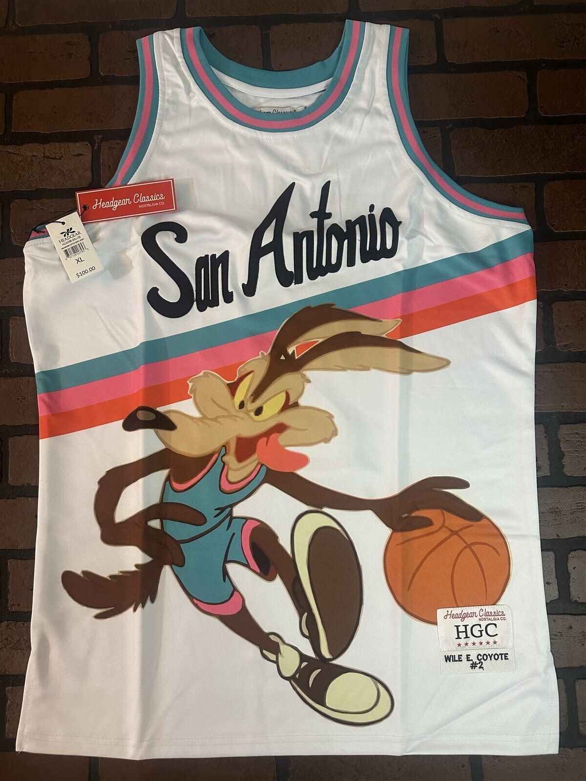 WILE E COYOTE/SAN ANTONIO White Headgear Classics Basketball Jersey~New~XL 2XL