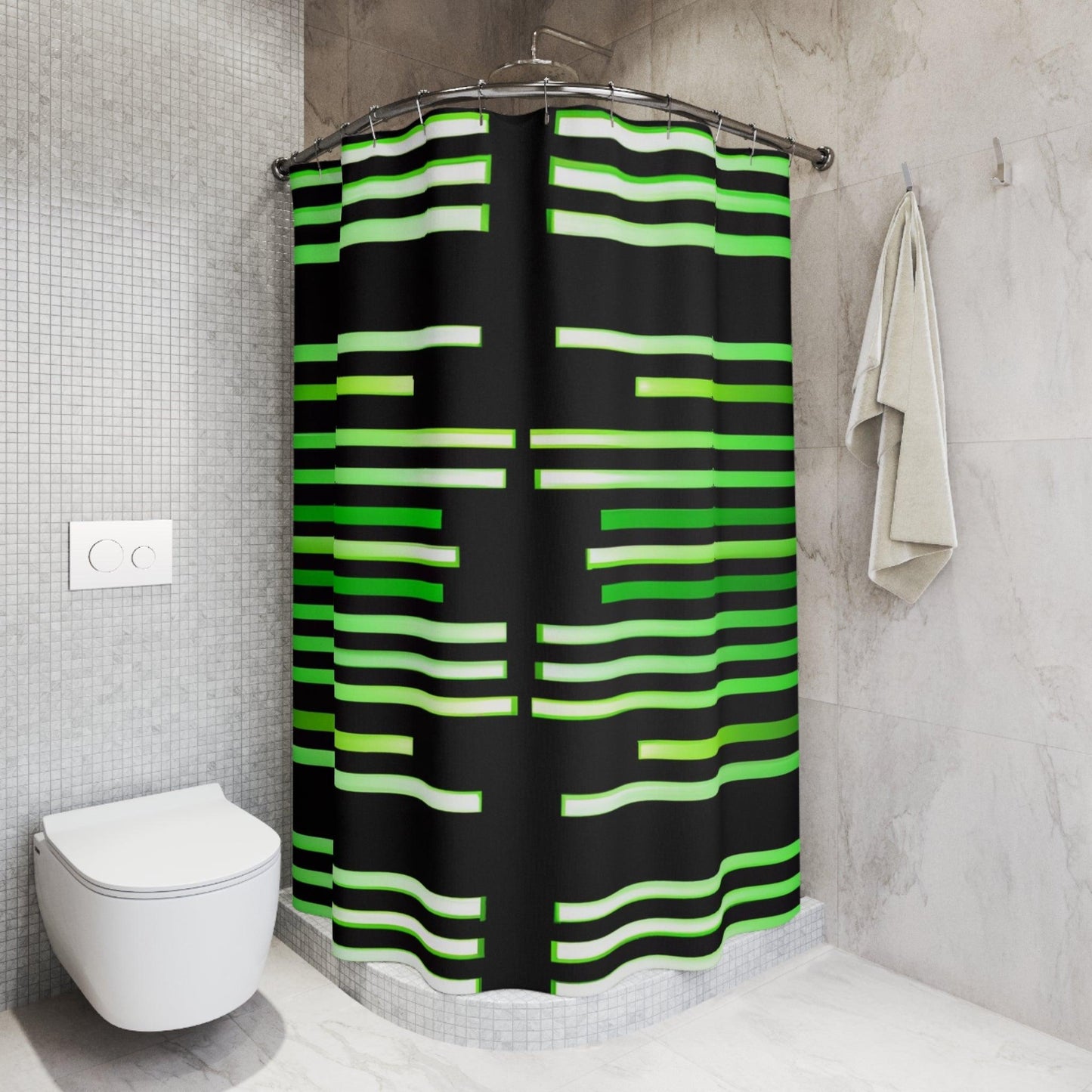 Green & Gold White Lines at Black Polyester Shower Curtain - Lizard Vigilante