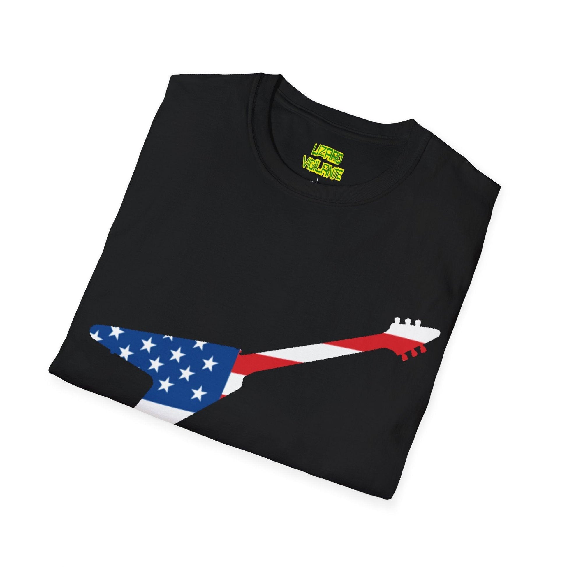 American Flag Colored Flying V Electric Guitar Unisex Softstyle T-Shirt - Lizard Vigilante