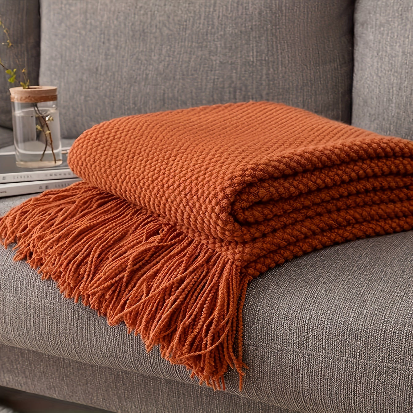1pc Knit Throw Blanket Long Tassel Lightweight Blanket Bubble Textured Soft Blanket For Bed Couch Sofa Chair Outdoor Picnic All Season Use Orange