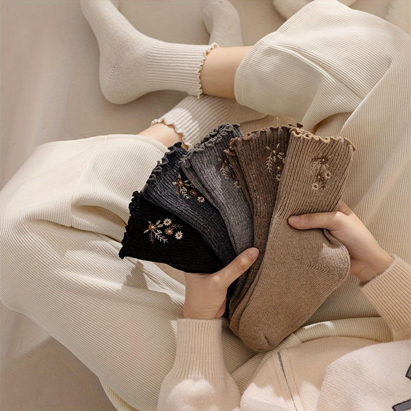 6 Pairs Floral Embroidery Socks, Comfy & Soft Lettuce Trim Socks, Women's Stockings & Hosiery