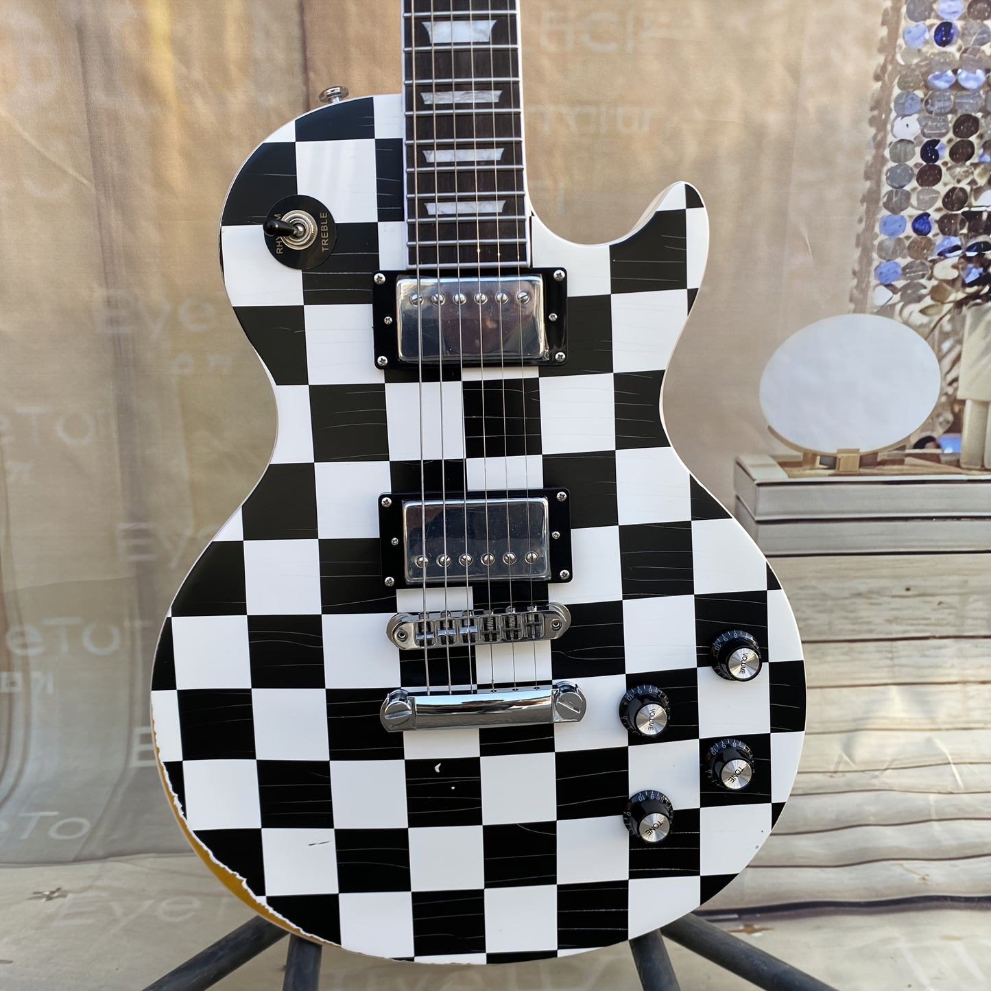 LP Electric Guitar – Black & White Chess Grid Design with Mahogany Build, H-H Pickups, and Tune-O-Matic Bridge - Premium guitar from Lizard Vigilante - Just $501.08! Shop now at Lizard Vigilante