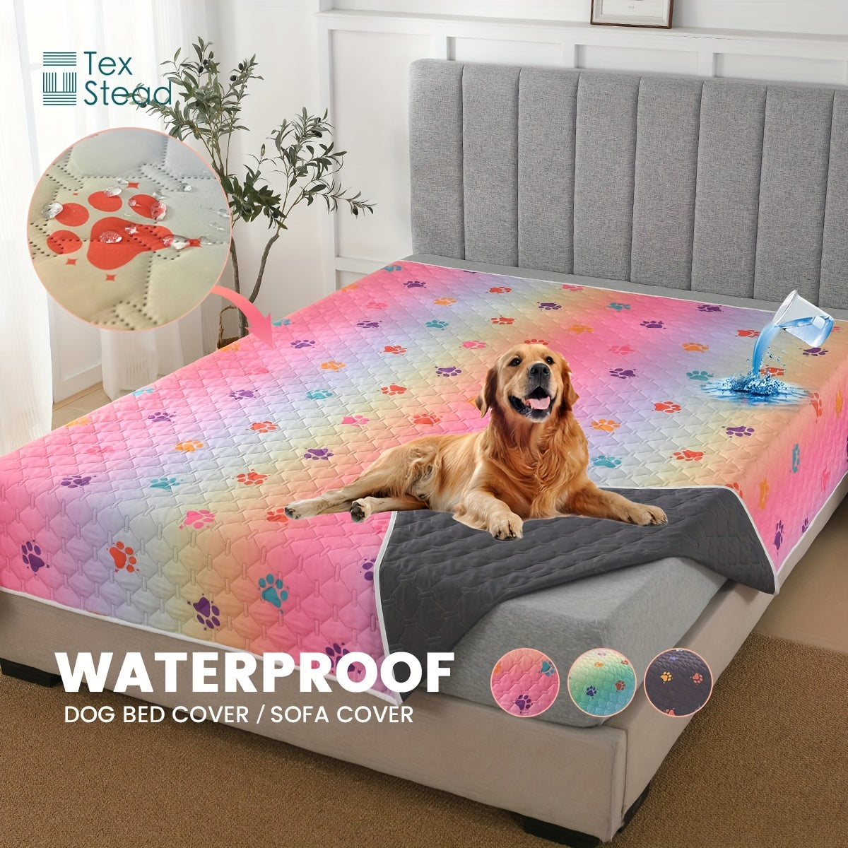 Ultimate Reversible Dog Bed Cover - Waterproof, Washable, Reusable Camping Mat with Geometric Embroidery Blanket, Rainbow Dog Paw Design, Easy to Clean and Durable for Indoor and Outdoor Use