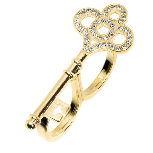 Gold Tone Crystalline Skeleton Key Double Finger Ring