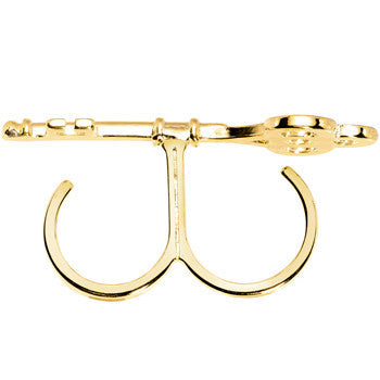 Gold Tone Crystalline Skeleton Key Double Finger Ring