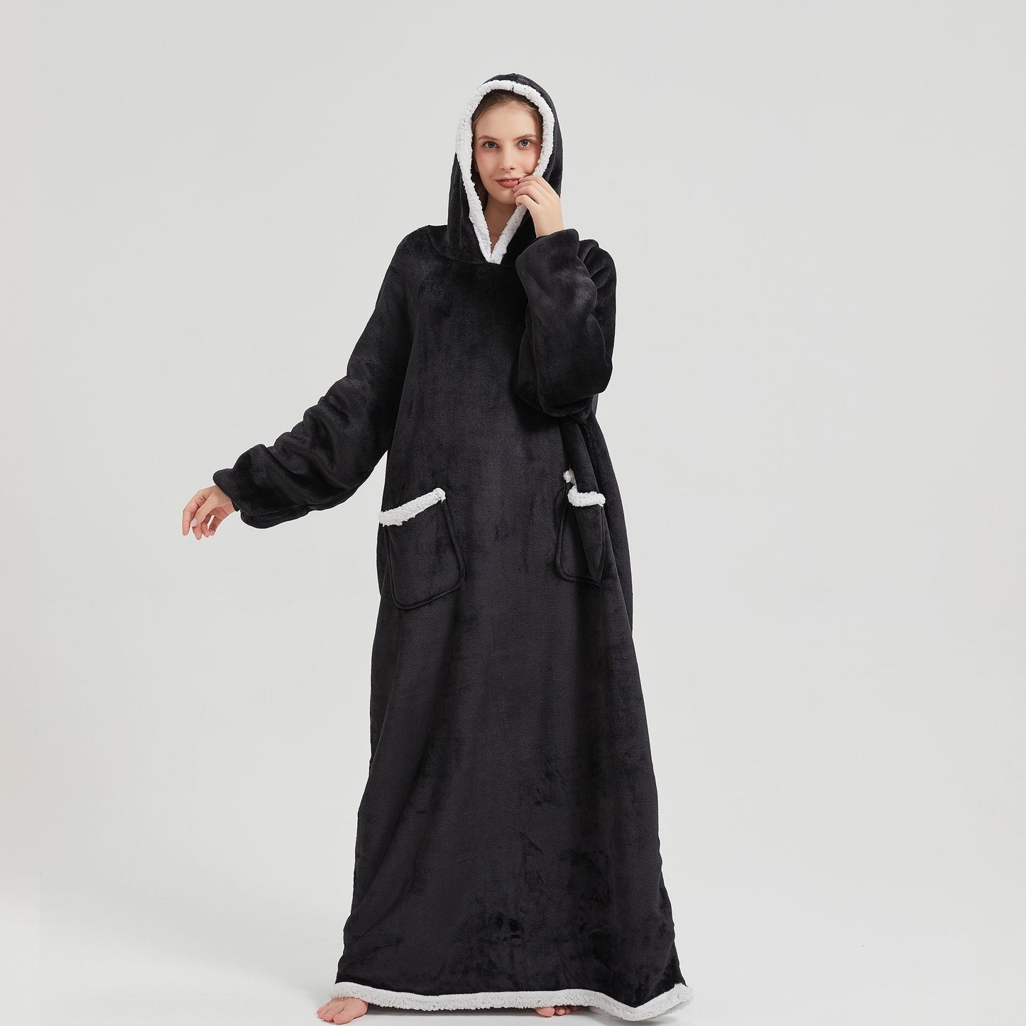 1pc Simple Solid Color Fleece Lazy Person Hooded Blanket Can Be Worn