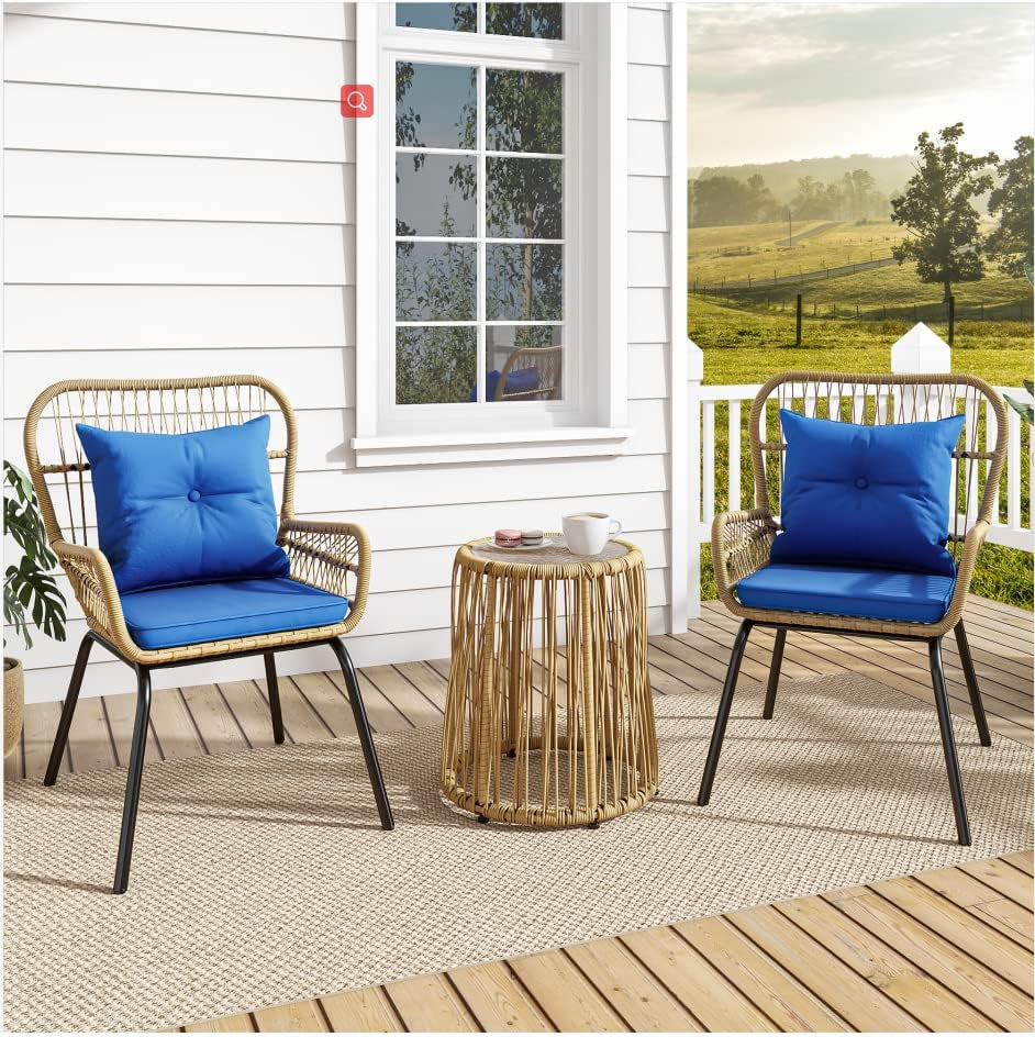 3-Piece Outdoor Patio Furniture Wicker Bistro Set, All-Weather Rattan Conversation Chairs for Backyard, Balcony and Deck with Soft Cushions, Glass Side Table (Light Brown+Navy Blue)