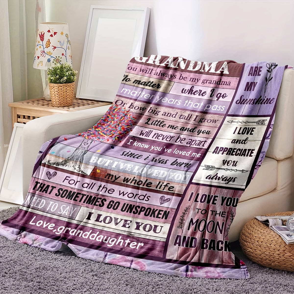 1pc To Grandma Lovely Saying Flannel Blanket, Summer Air Conditioning Blanket, Autumn And Winter Nap Print Blankets