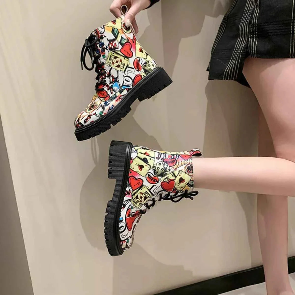 Graffiti Print Combat Boots : Colorful Street Art Design