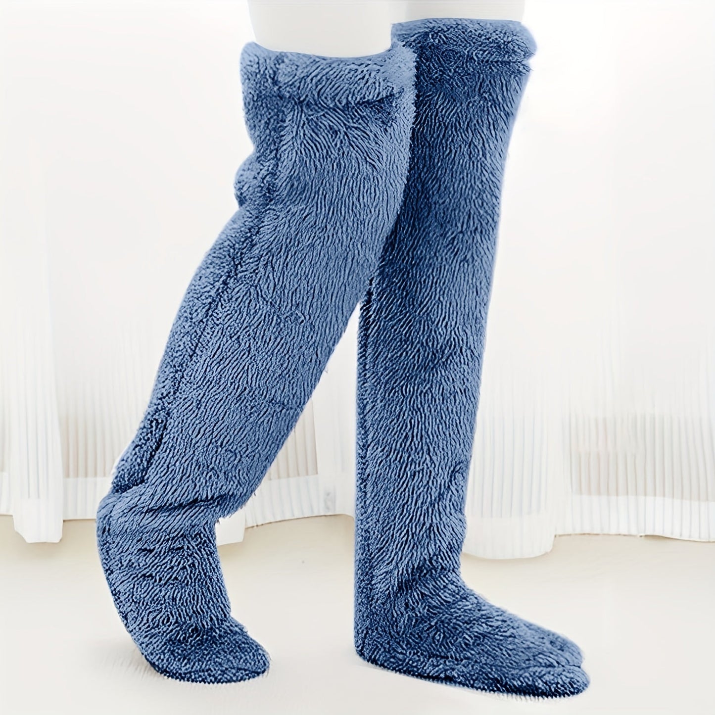 Fuzzy Thigh High Stockings, Warm Over-the-Knee Socks for Women, Solid Color
