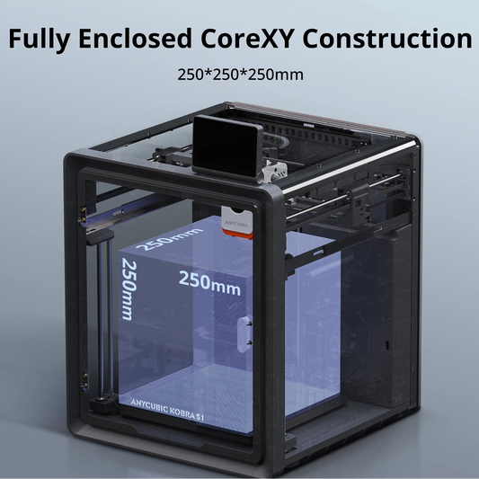 3D printer frame with 'Fully Enclosed CoreXY Construction' text on a light blue background

