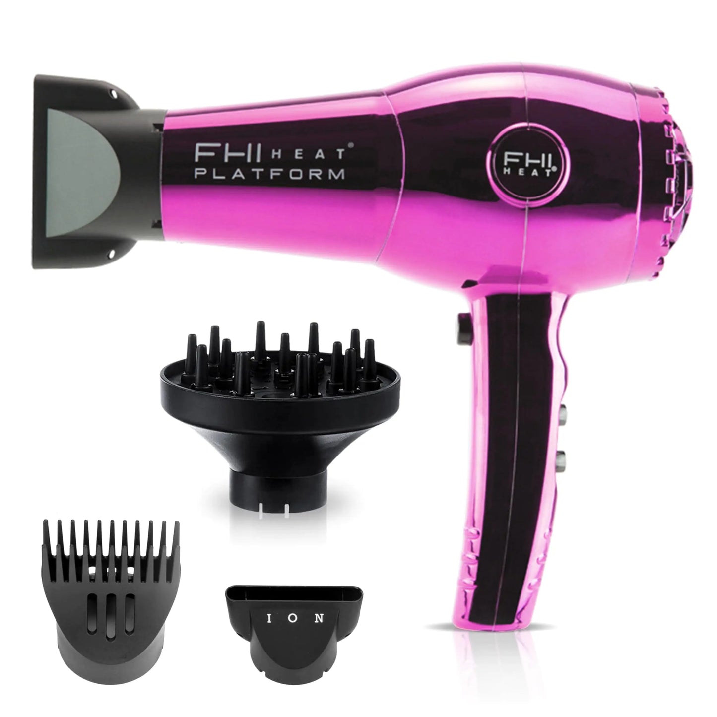 FHI Heat Platform Nano Lite Pro 1900 Blow Dryer Turbo Tourmaline Ceramic Hair Dryer — Lightweight Fast Quiet Dryer for Frizz-Free Smooth Hair — Hair Dryer with Diffuser Nozzle Comb (Pink Chrome)