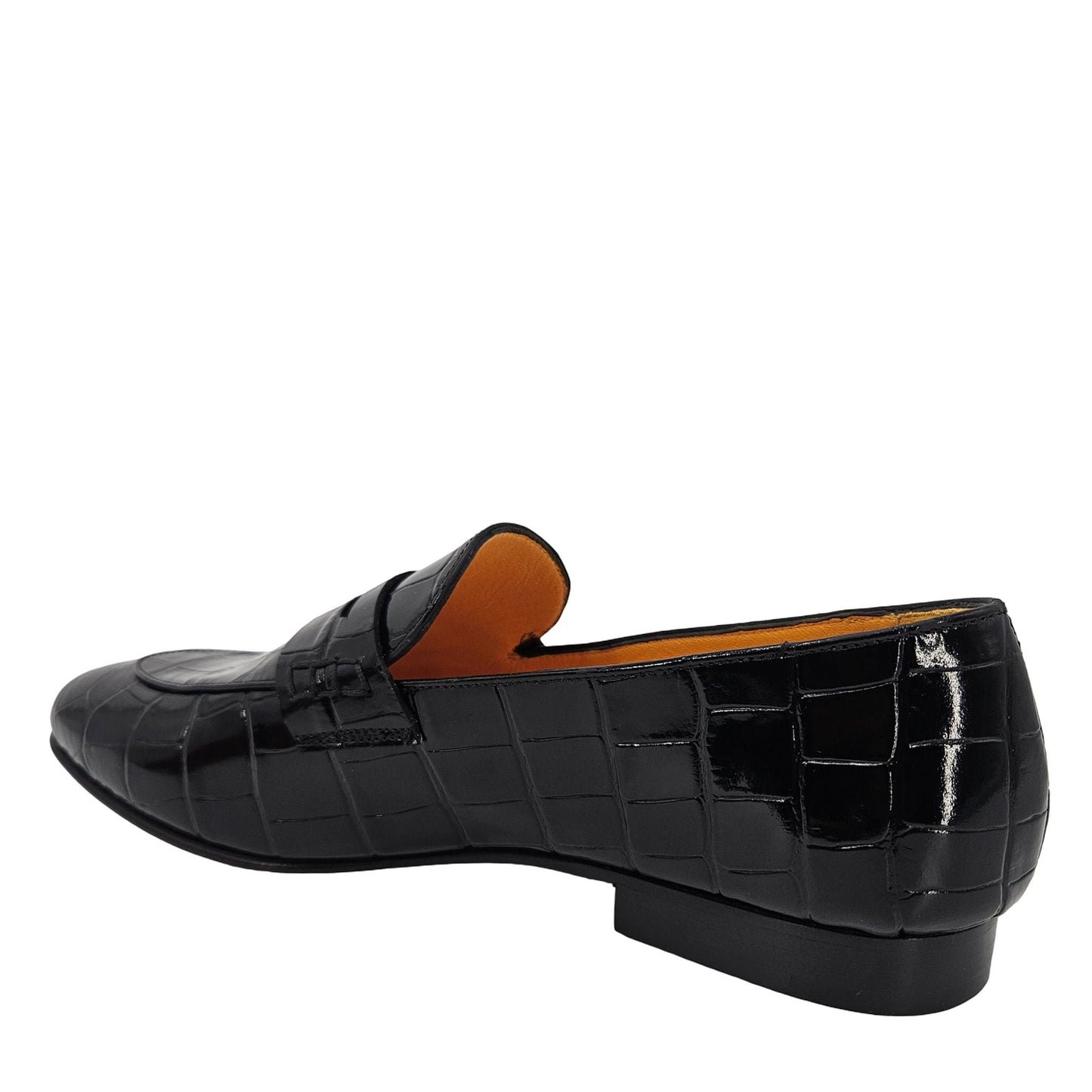Black Leather Flat Moc Croc Leather Loafer