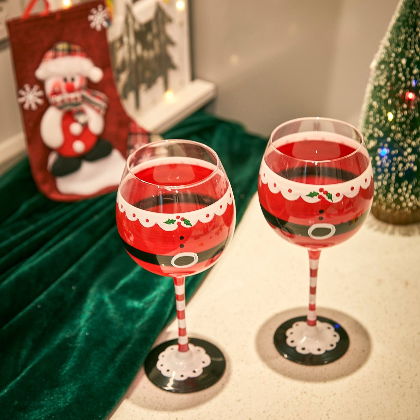 Santa's Elf Stemmed Wine & Water Glasses - Set of 2 - Shining Red & Black, 9" H - Christmas & Holiday Parties Glassware - Xmas Tree - Set of 2, 17.5oz - Santa Festive Glass - Great Gift!