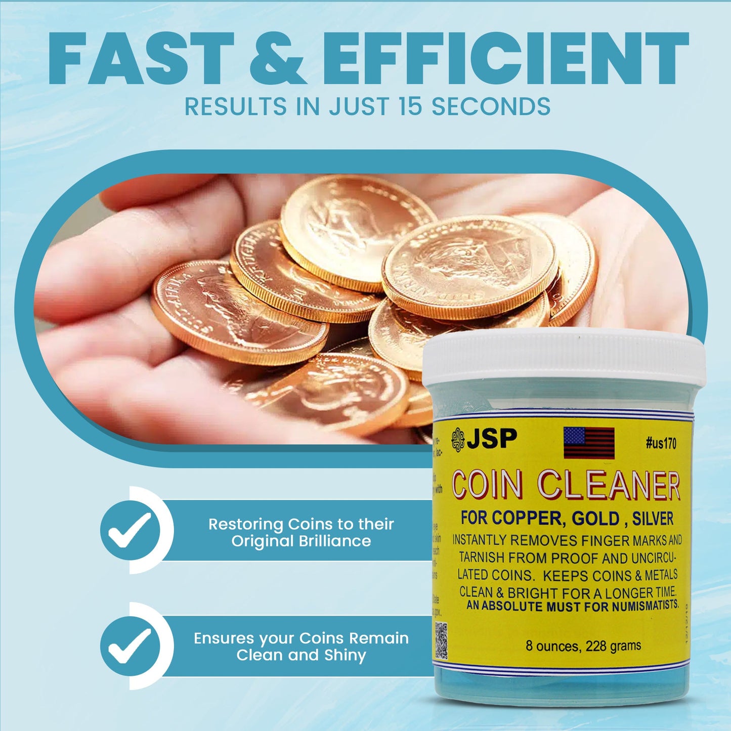 JSP Super Coin Cleaner 16 oz for Copper, Gold, Silver, & Platinum Precious Metals Jewelry Coins Bars