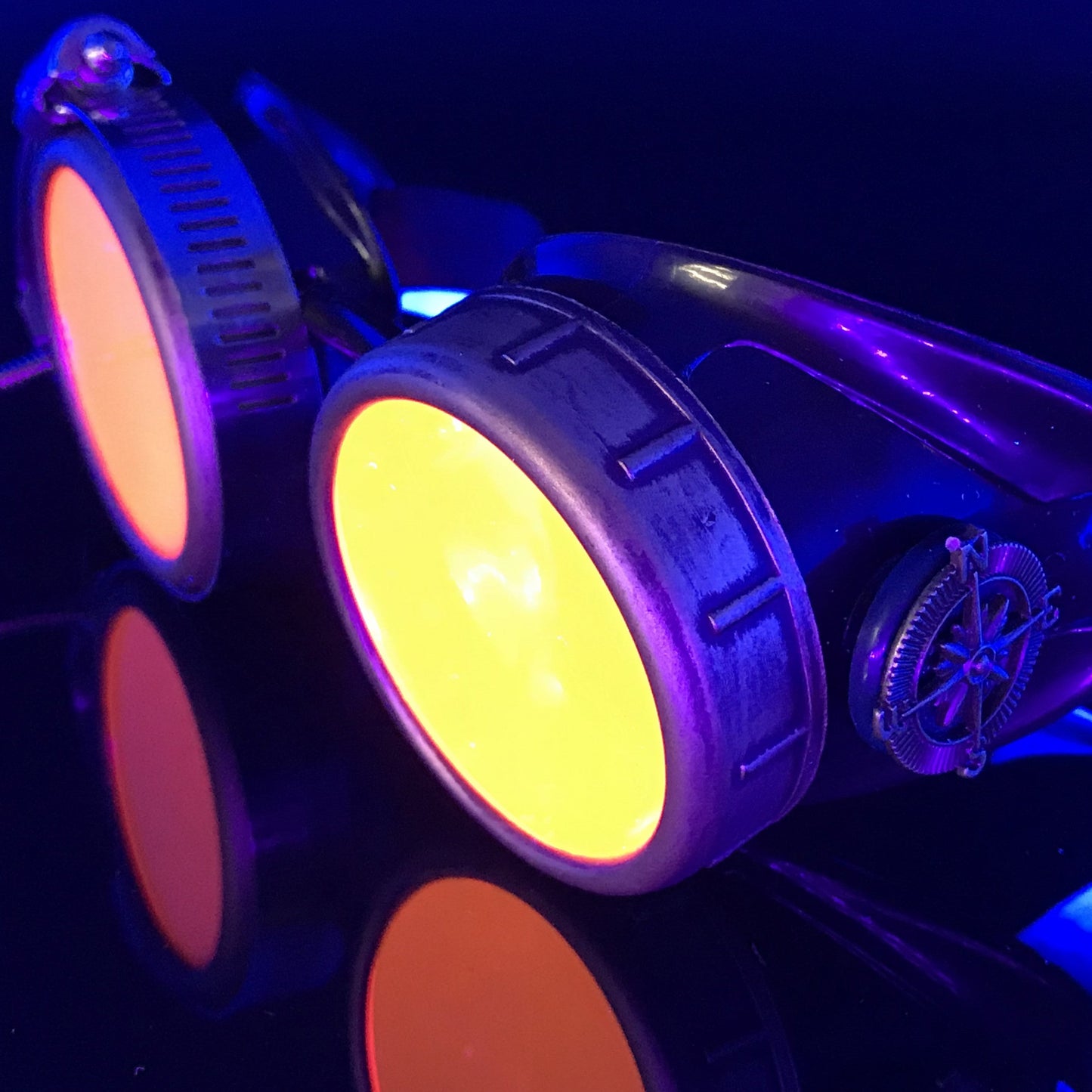 Steampunk Goggles with magnifying loupes UV glow neon pink spiral diffraction lenses