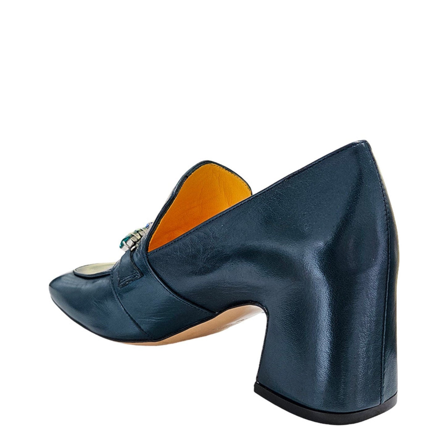 Navy Leather Mid Heel Jeweled Loafer