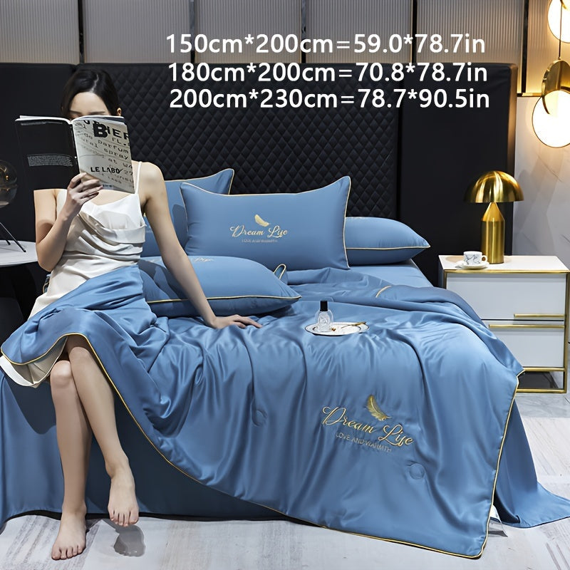 Contemporary Ice Silk Summer Quilt, Premium Cool Touch Washable Comforter, Simple Air Conditioning Blanket, Polyester Fiber Filling, Plain Weave, Machine Washable - Dream Life Design