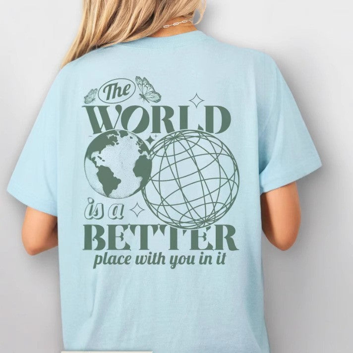 Letter 2D Printed Starry Sky Earth Cotton T-Shirt