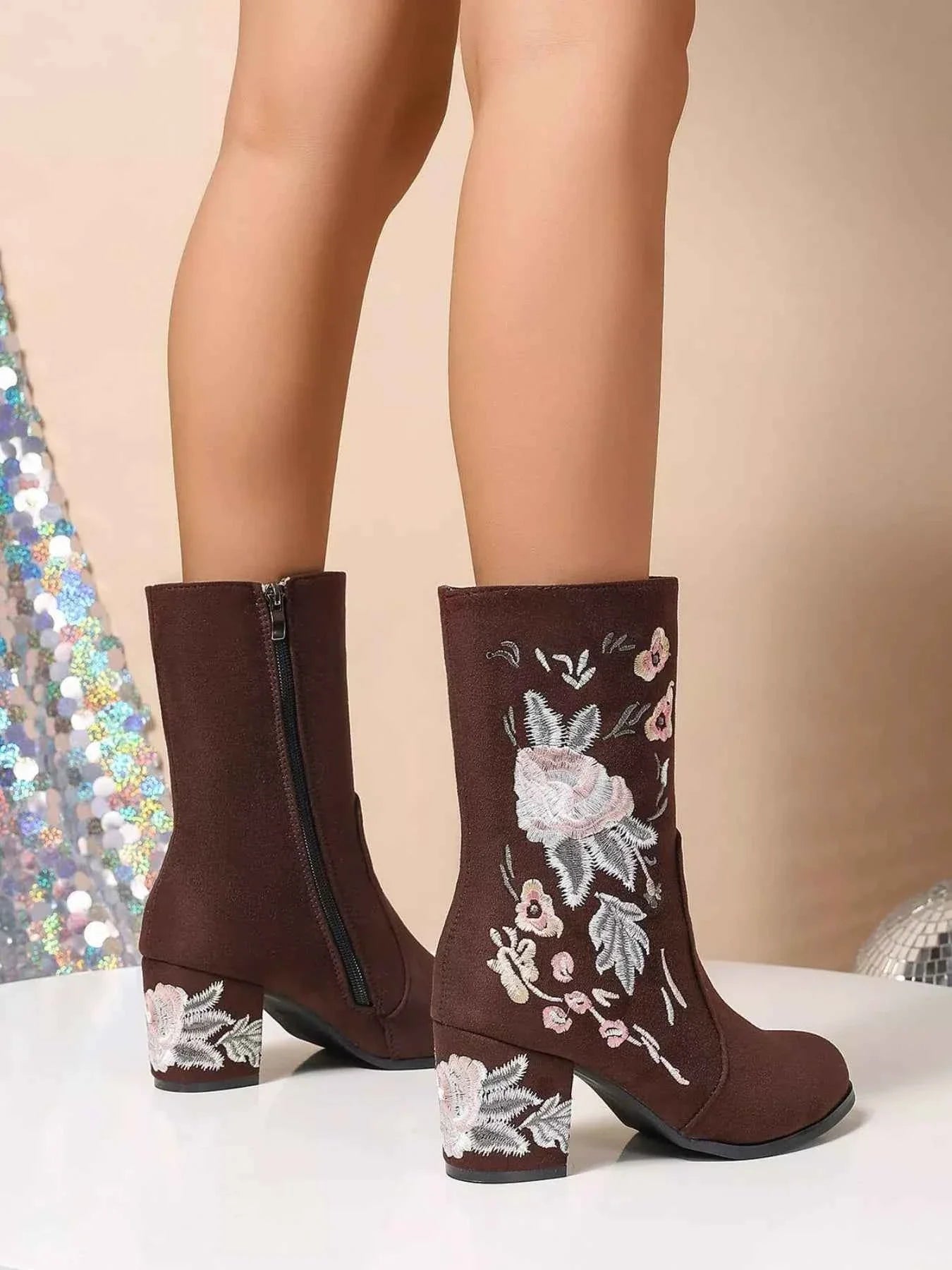 Floral Embroidered : Block Heel Boots
