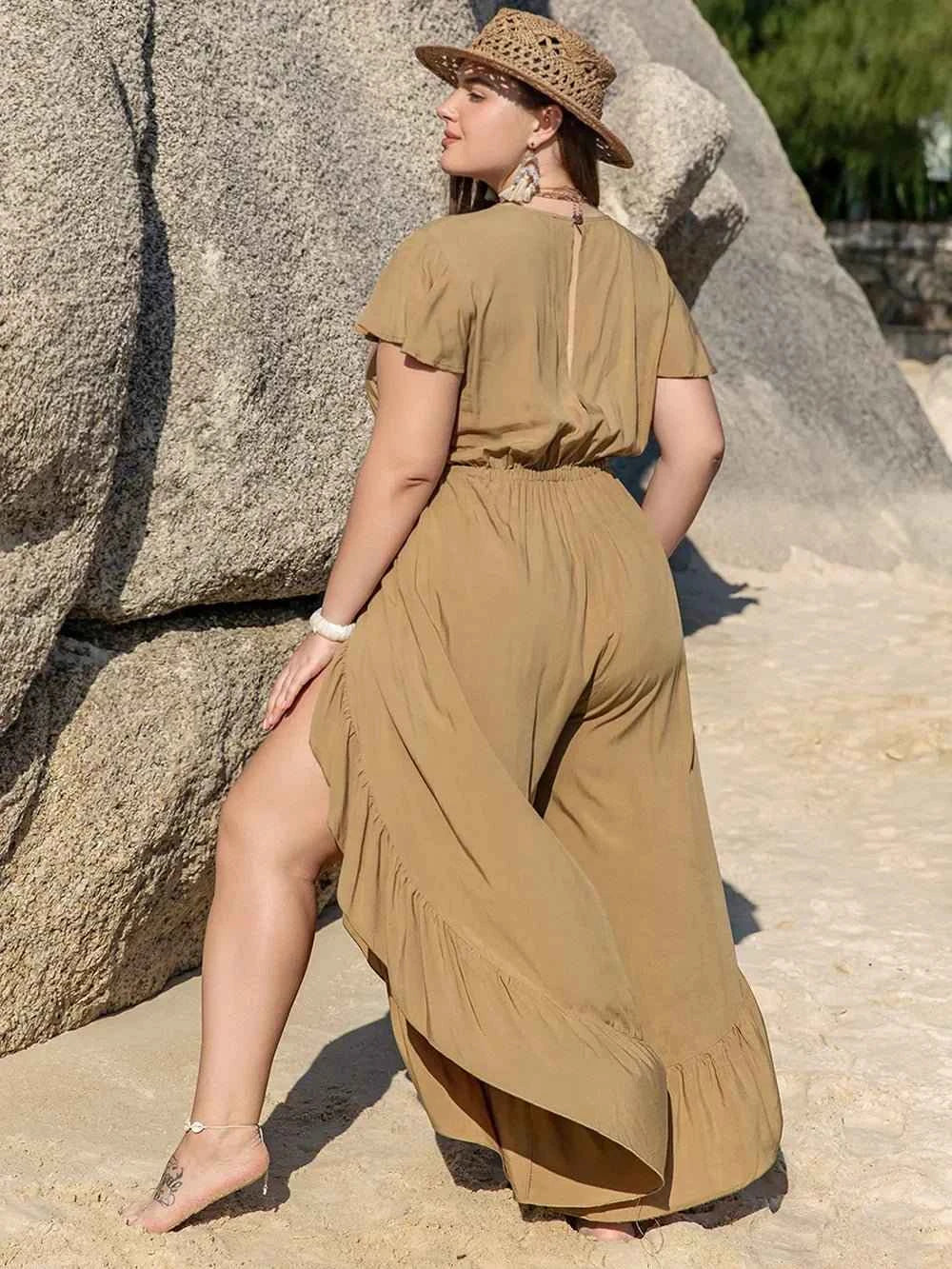 Plus Size Slit Ruffled : V-Neck Jumpsuit