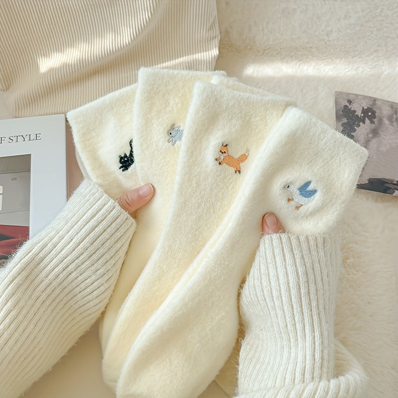 4pcs Cozy Fleece-Lined Women's Socks - Cute Animal Embroidery, Thick & Warm Mid-Calf Winter Home Socks