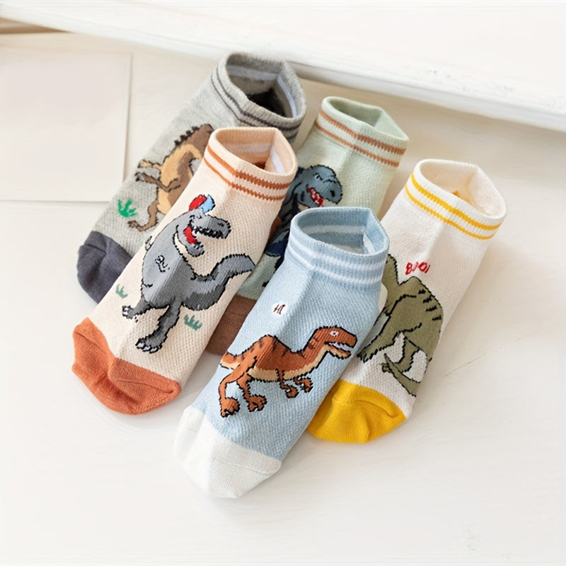 5 Pairs Of Boy's Trendy Dinosaur Pattern No Show Socks, Comfy Breathable Casual Soft Socks For Kid's Outdoor Activities