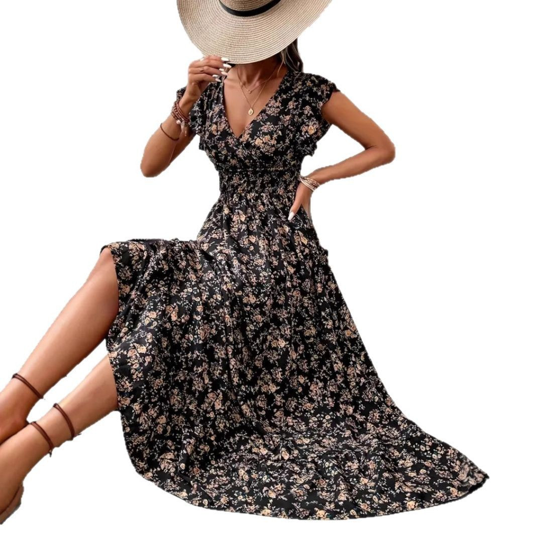 Fashion Floral Long Sleeve Waist Swing Dress