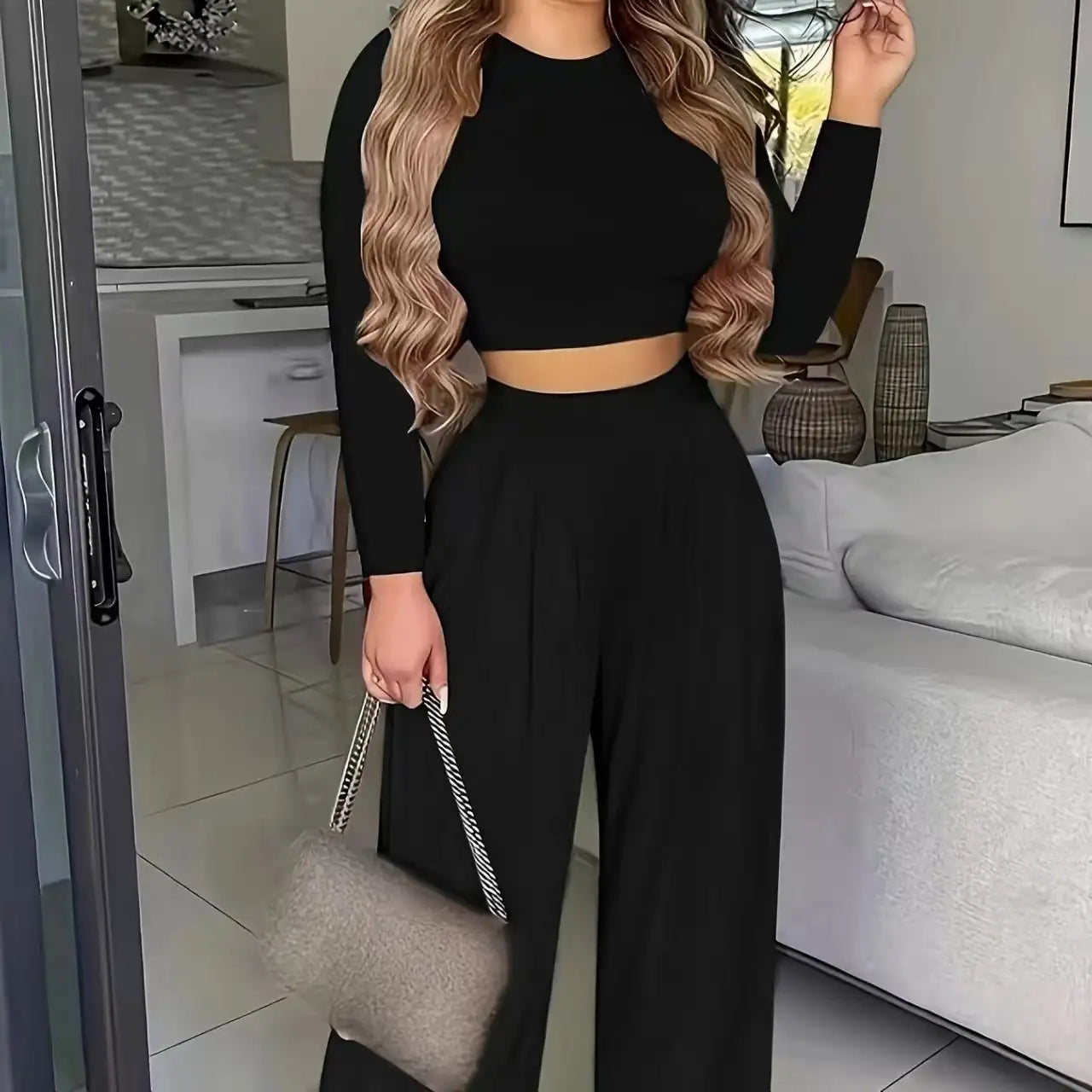 Women's Solid Color Two-piece Solid Exposed Navel Long Sleeved T-shirt And High Waist Wide Leg Pants Set