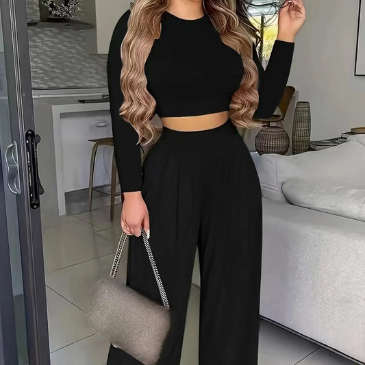 Women's Solid Color Two-piece Solid Exposed Navel Long Sleeved T-shirt And High Waist Wide Leg Pants Set