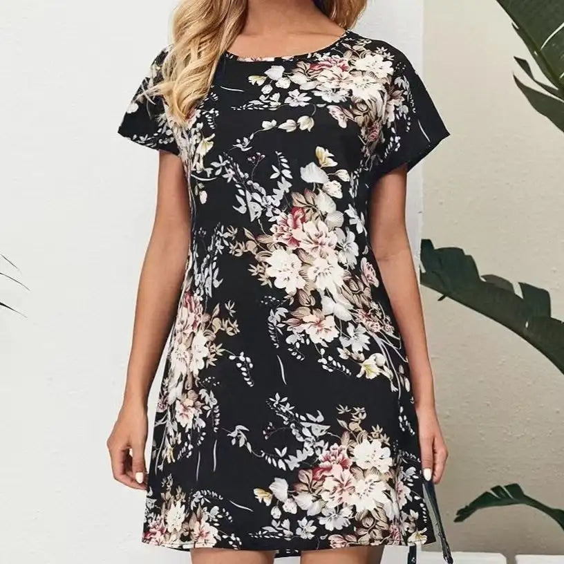 Ladies' Batwing Sleeve Floral Print Waist With Casual Pullover Round Neck Short Sleeved Skirt